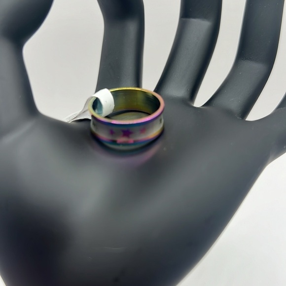 Concave Star Etched Rainbow Stainless Steel Ring - Picture 4 of 8